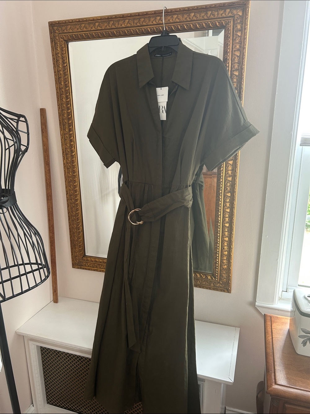Zara Olive Green Maxi Shirt Dress with D-Ring Belt